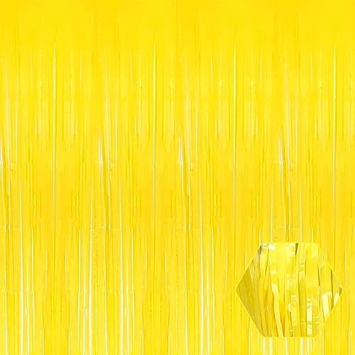 3 Pack Macaron Yellow Foil Fringe Curtain Backdrop, 3.28Ft x 8.2Ft Metallic Tinsel Foil Fringe