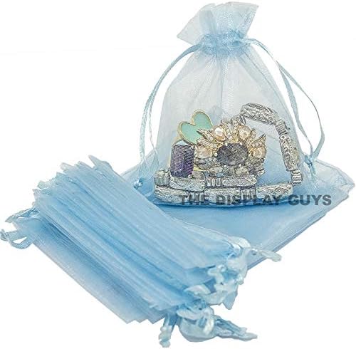 TheDisplayGuys 100-Pack 3x4 Blue Sheer Organza Gift Bags with Drawstring, Jewelry Candy Treat