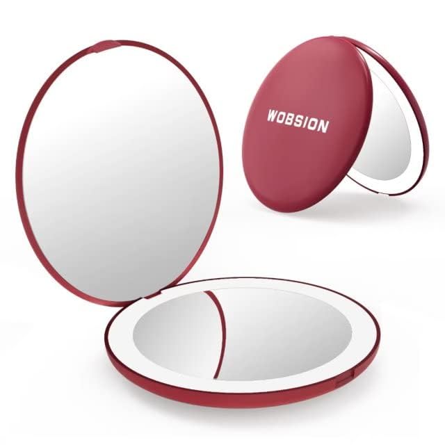 WOBSION Travel Compact Mirror,Portable 1x/10x LED Makeup Mirror with Magnification,Handheld 2-Sided