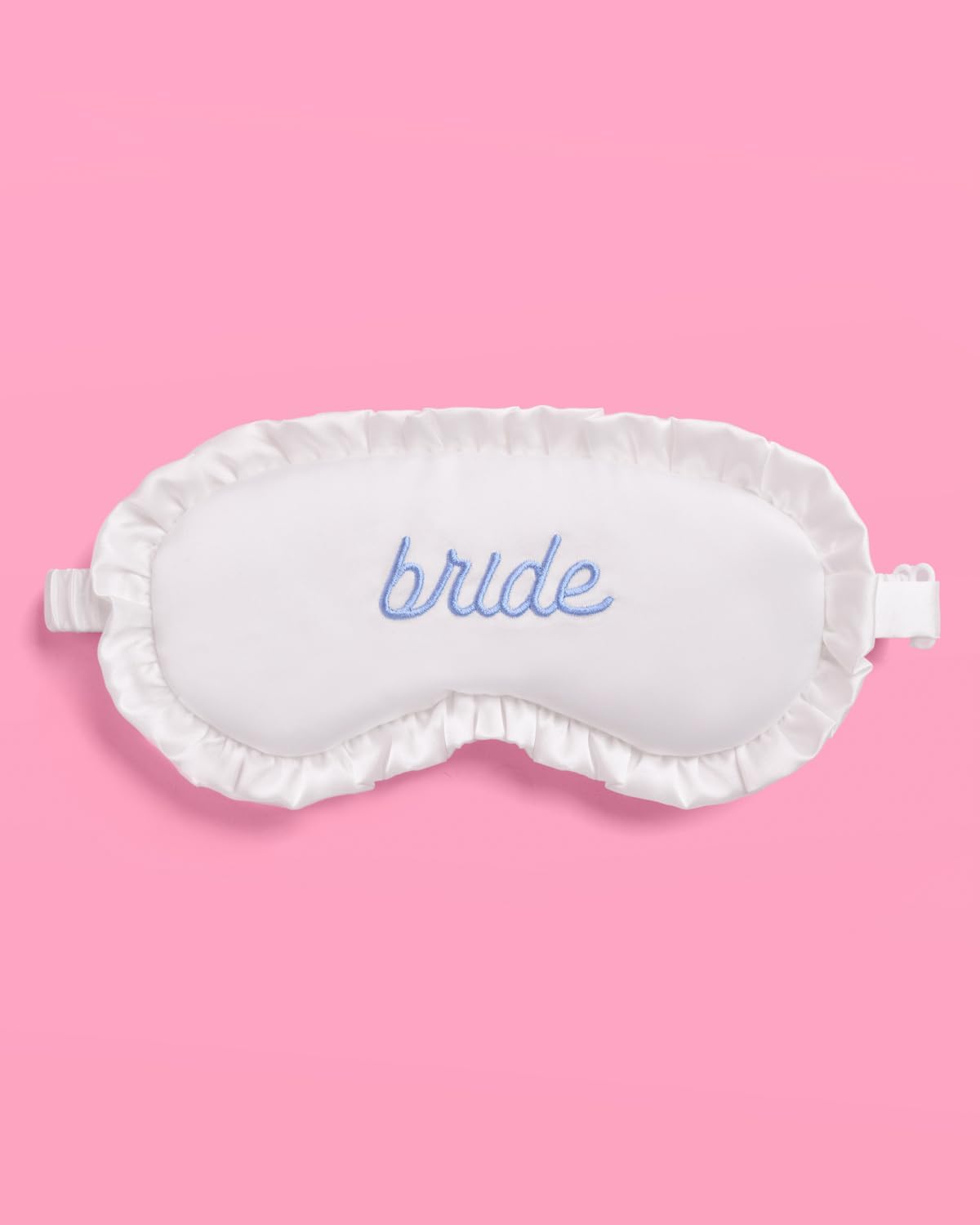 xo, Fetti Ruffled Bride Sleep Mask, White Satin + Blue Embroidery | Bachelorette Party Decorations