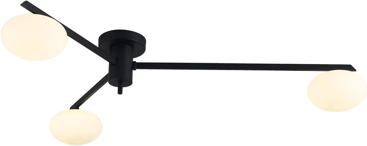 3-Light Modern Sputnik Chandelier with Milk Glass Shade - Black Flush Mount Ceiling Light for