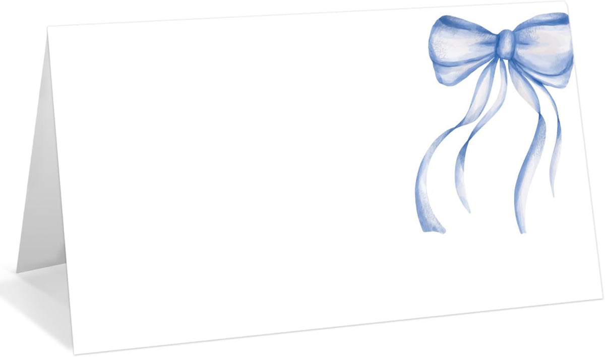 25 Pack Blue Bow Place Cards, Editable Name Cards for Table Setting, Watercolor Tent Cards Food