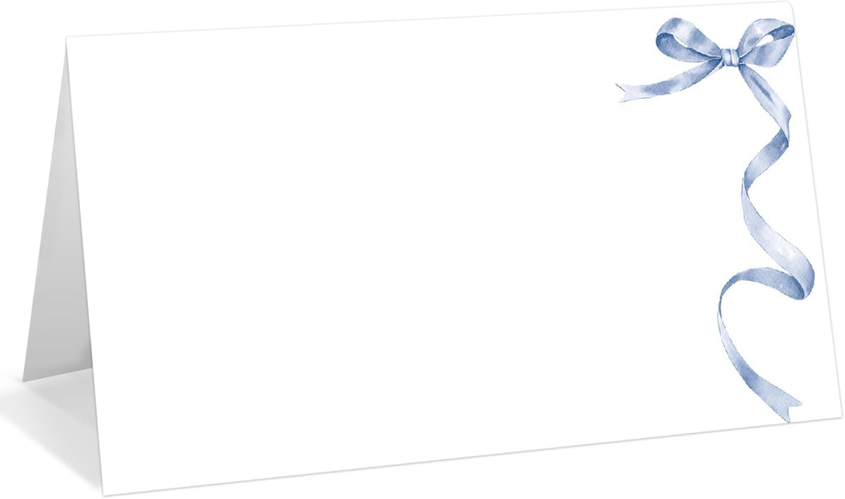 25 Pack Blue Bow Place Cards, Editable Name Cards for Table Setting, Tent Cards Food Label for