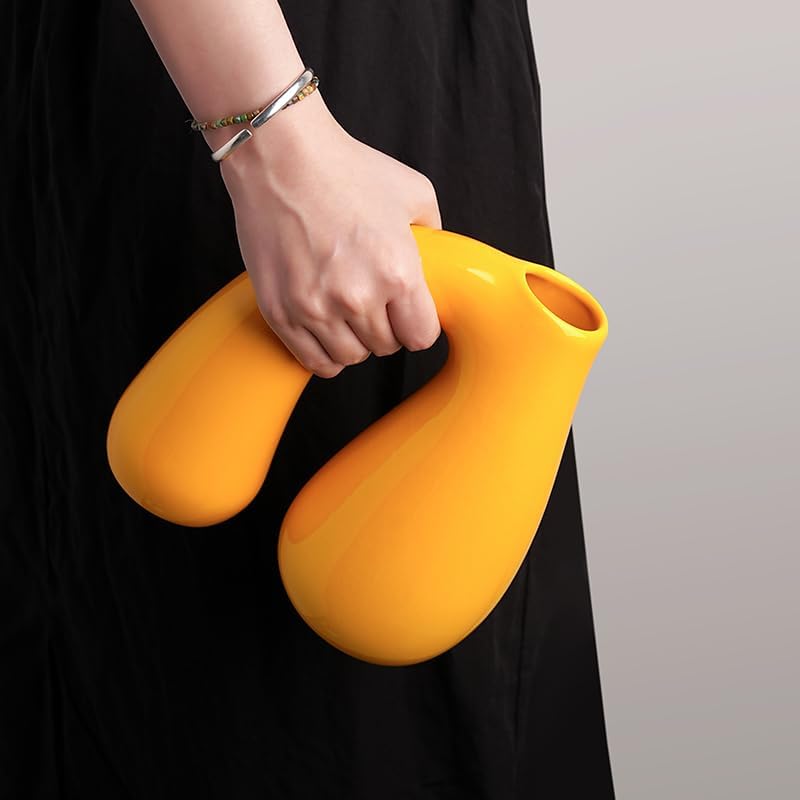 Yellow Ceramic Vase – Glossy Modern Sculptural Décor, Arch Handle Artistic Design, Bright Accent