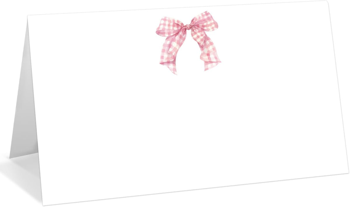 25 Pack Pink Plaid Bow Place Cards, Editable Name Cards for Table Setting, Tent Cards Food Label