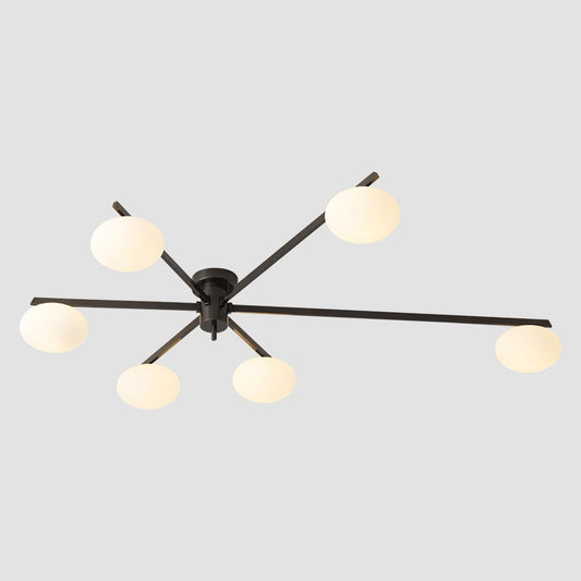 6-Light Mid Century Semi Flush Mount Black Matte Sputnik Chandelier Fixtures with Milk Glass Shade