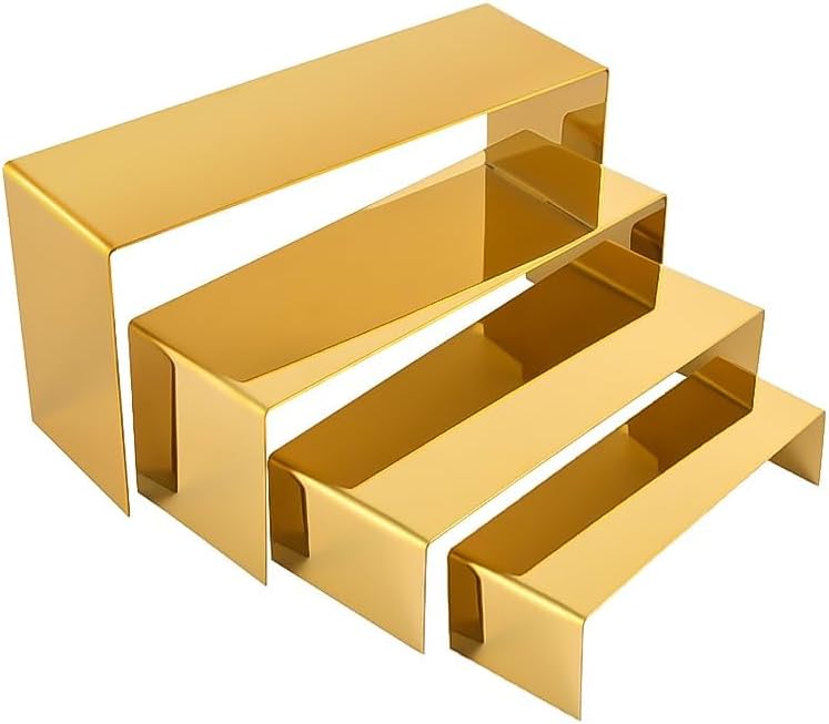 4 Pcs Gold Stainless Steel Display Risers, Display Stand for Cupcake Dessert Perfume Purse Handbag