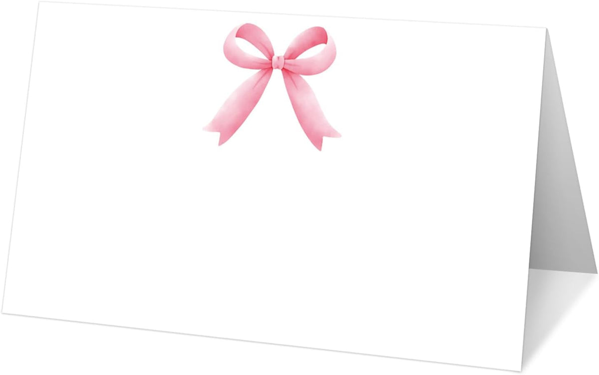 25 Pink Bow Place Cards for Table Seating, Watercolor Wedding Name Place Card, Tent Cards for