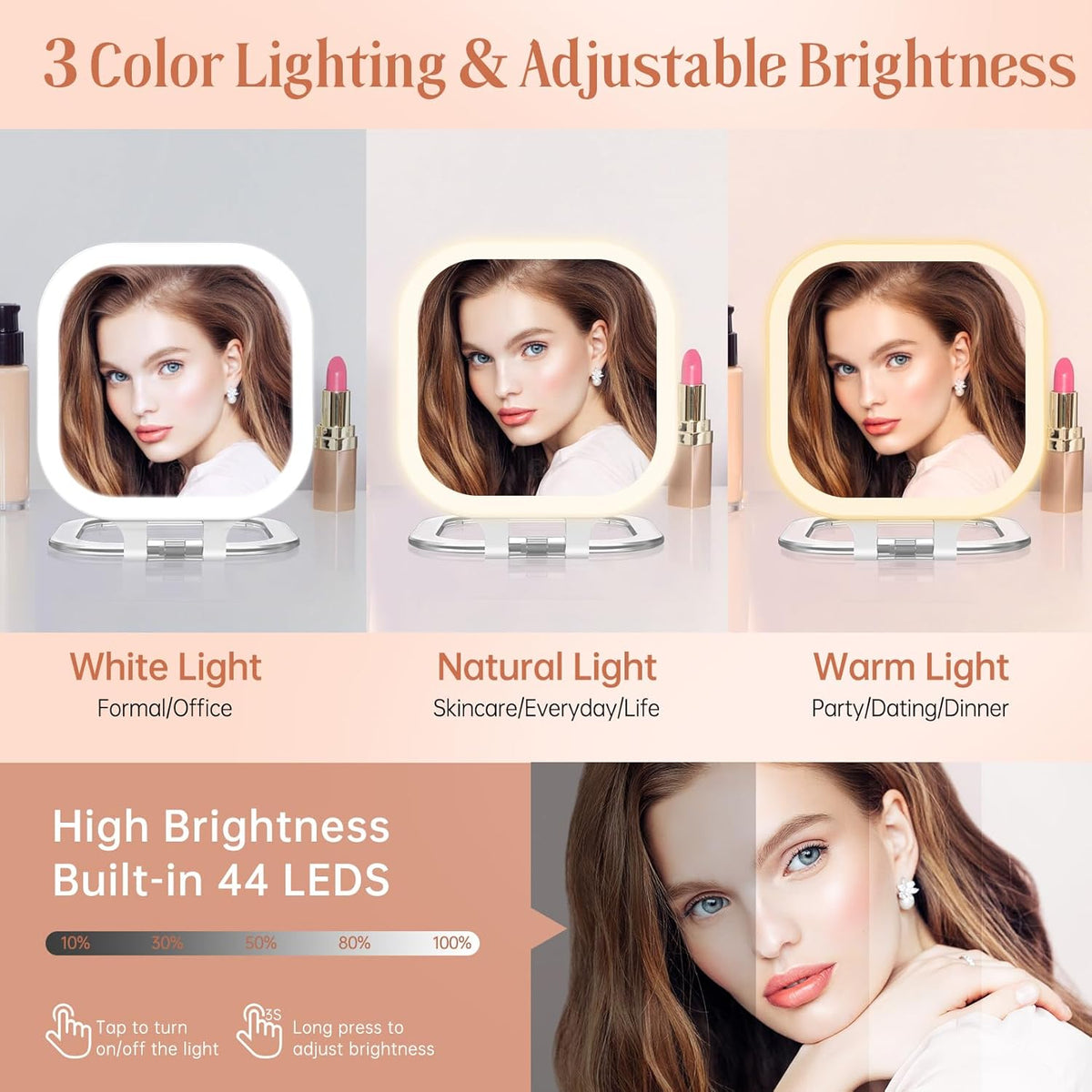 Compact Travel Makeup Mirror with Lights, 1X/30X Double-Sided Magnifying Mirror, 3 Color LED