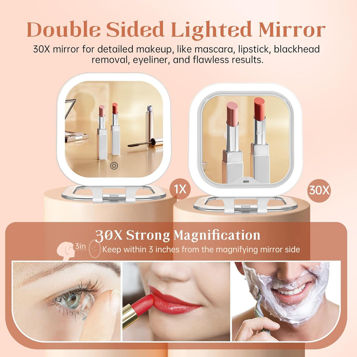 Compact Travel Makeup Mirror with Lights, 1X/30X Double-Sided Magnifying Mirror, 3 Color LED