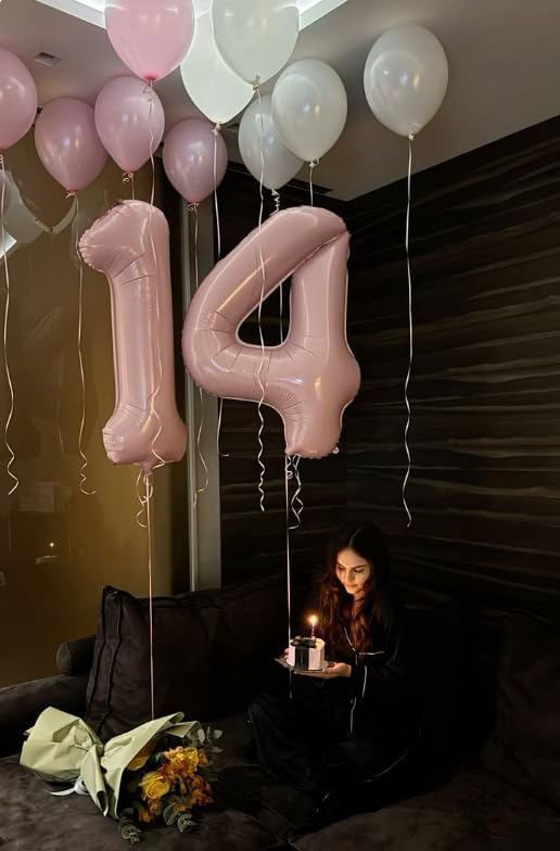 40 Inch Pearlescent Pink Large Number 4 Balloons, Giant Foil Number Four 14 24 34 40 44 Balloons