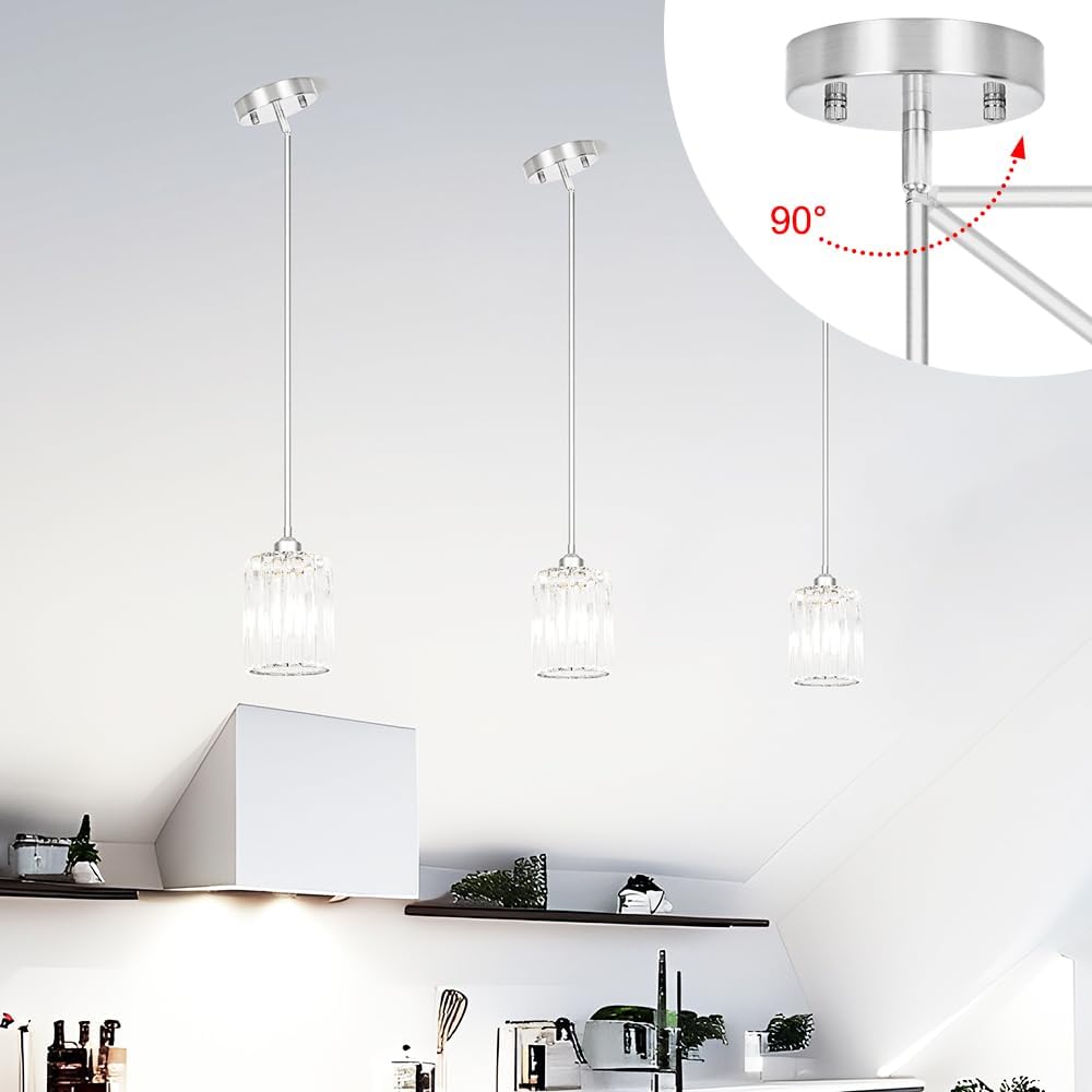 Chrome Kitchen Pendant Lights Over Island with Adjustable Rods - Crystal Pendant Lighting Fixtures