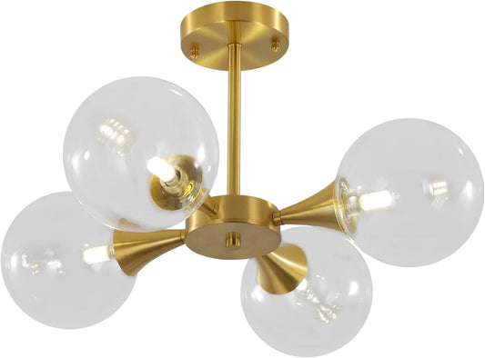 KCO Lighting 4-Lights Modern Globe Semi Flush Mount Ceiling Light Mid Century Brushed Brass