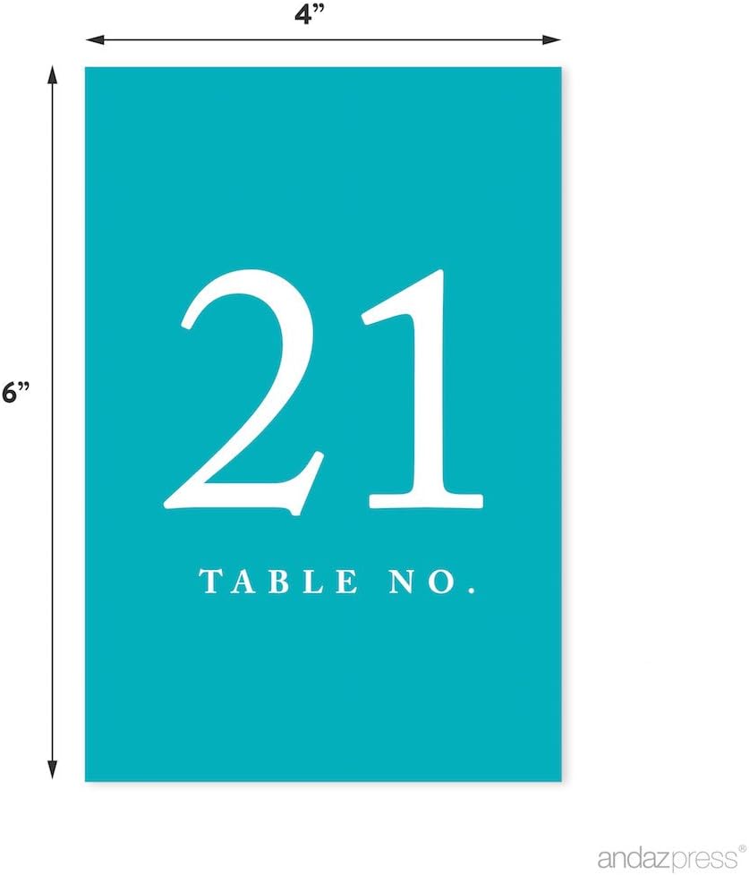 Andaz Press Aqua Turquoise Wedding Table Numbers 21-40, 4x6-Inches Table Number Cards For Wedding