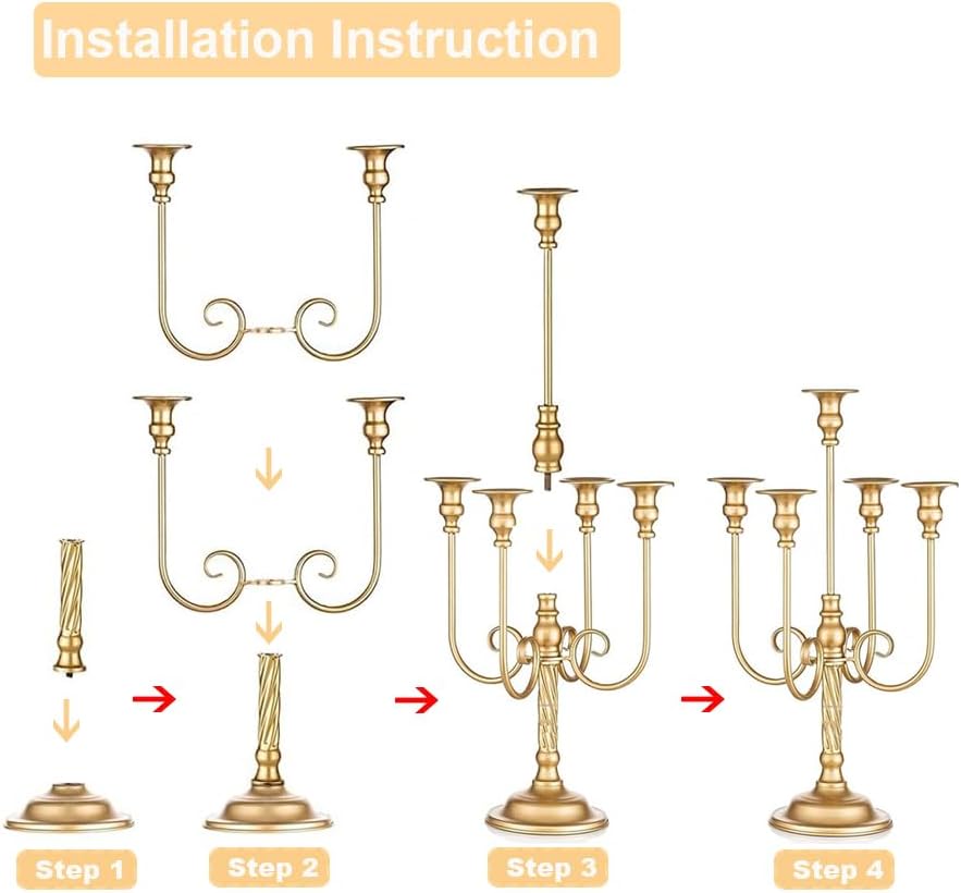 Metal Candelabra Gold Candle Stand 20in Tall, 5-Candle Candlestick Holder for Taper Candles, Candle