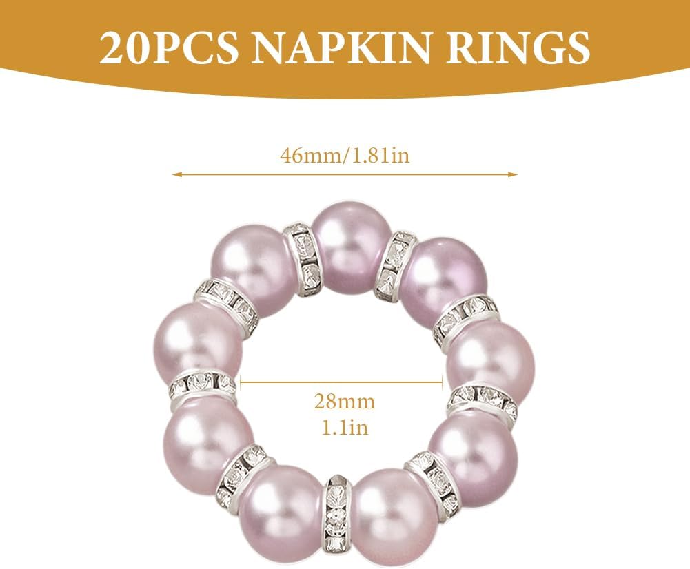 20Pcs Pearl Napkin Rings, Pink Beaded White Silver Round Buckles, Set of 6, Wedding and Formal