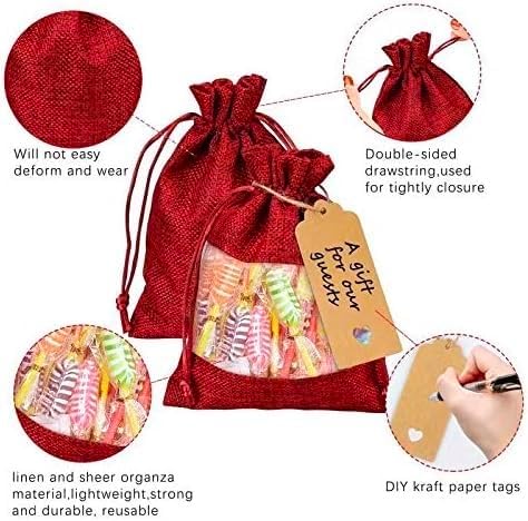 GIOIPC 50Pcs 4 x 6 Inch Linen Burlap Sheer Bags with Drawstring and Bonus Gift Tags for Wedding