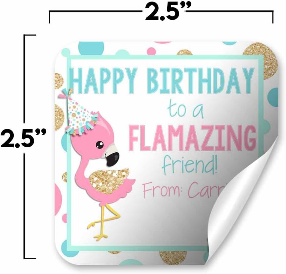 Custom & Personalized FLAMAZING Flamingo Happy Birthday Gift Tag Sticker Labels, 24 2.5" Square