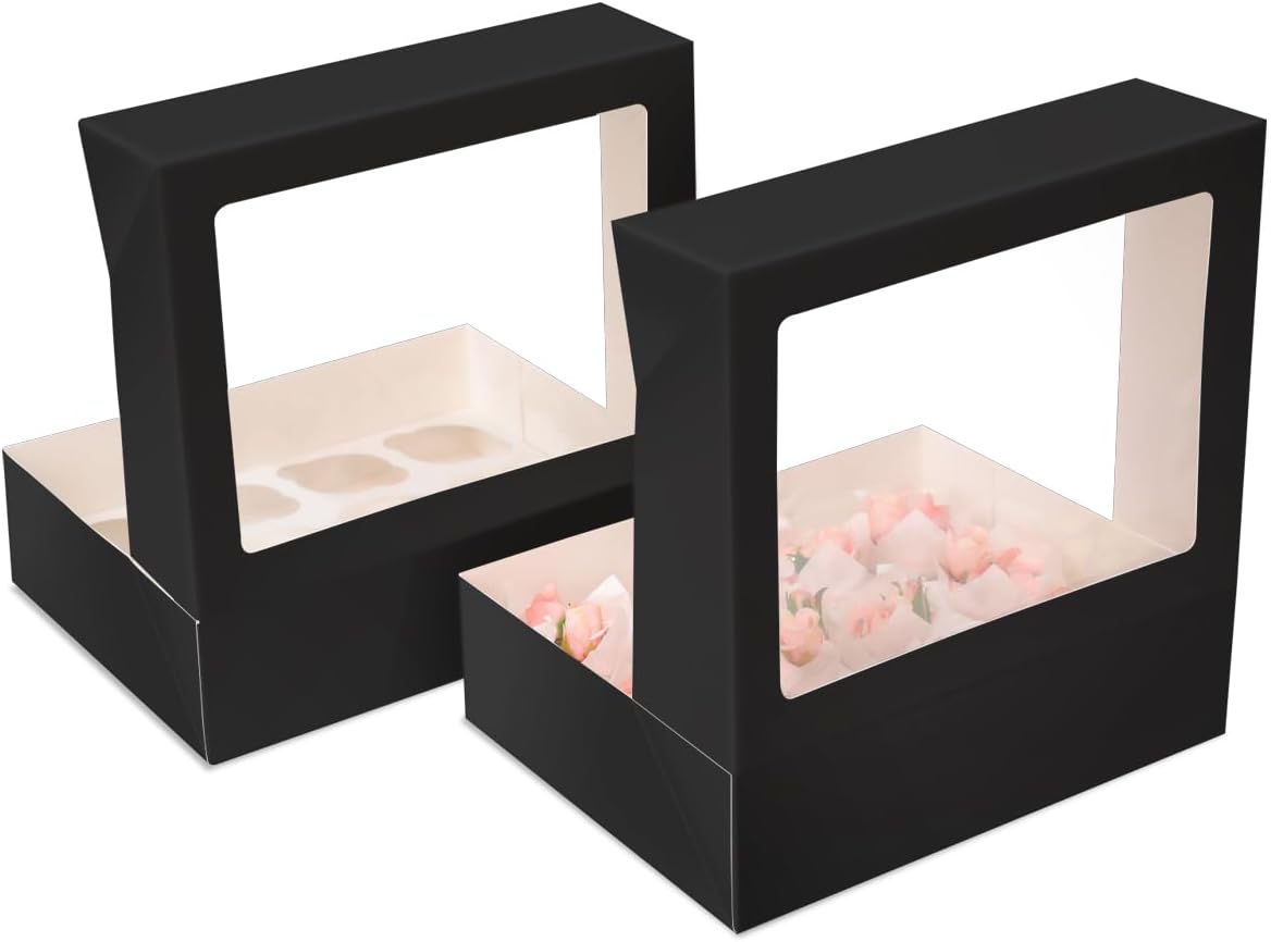 Bakepacker Auto-pop up 12 Cupcake Containers 6-Packs Black Cupcakes Carrier, 12 Cupcake Boxes with