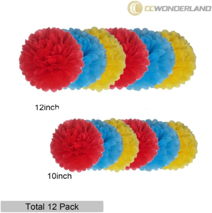 Blue Yellow Red Paper Pom Poms,Party Tissue Paper Flowers Balls,Party Hanging Decoration Supplies