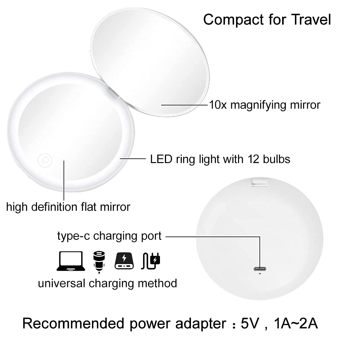 Compact Mirror with LED Light,1x/10x Magnifying Rechargeable Mirror,3.5in, Dimmable Travel Mirror