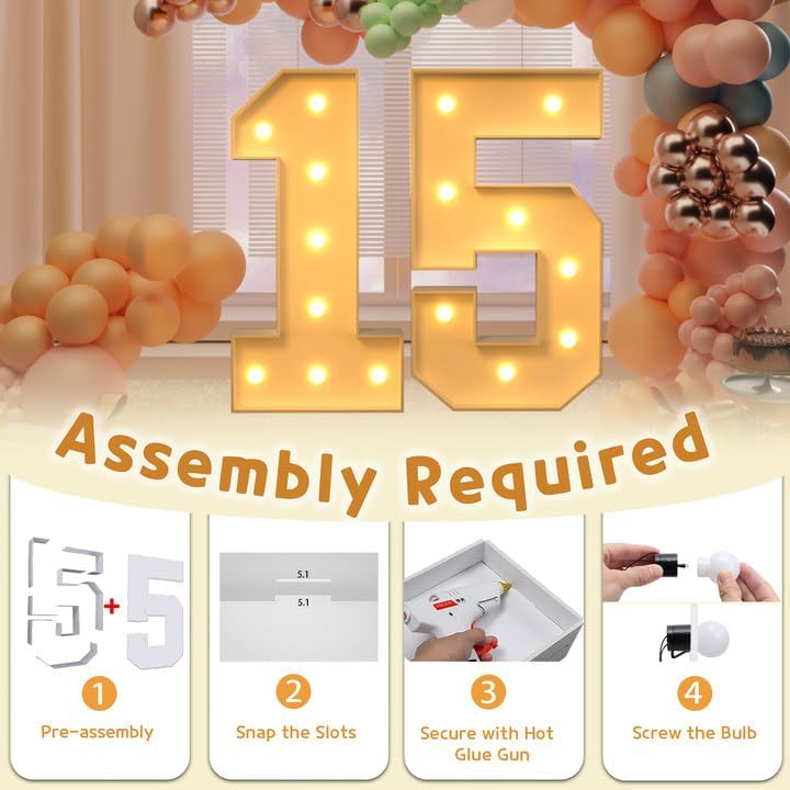 imprsv 3FT Light Up Numbers, Marquee Numbers 15th Birthday Decorations for Girls Boys, 15th
