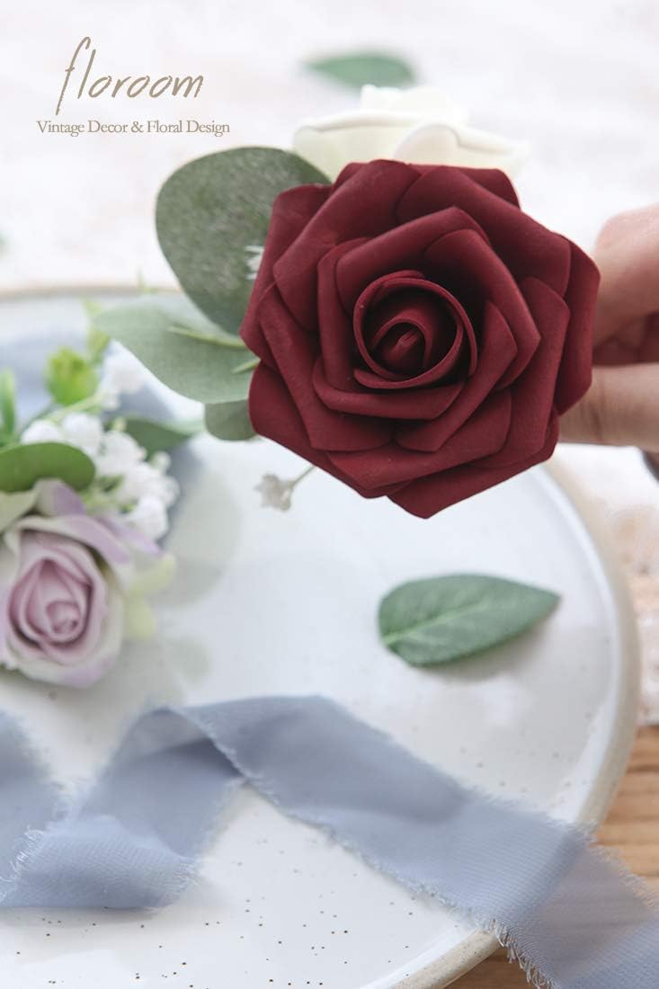 Floroom Artificial Flowers 50pcs Real Looking Burgundy Foam Fake Roses with Stems for DIY Wedding