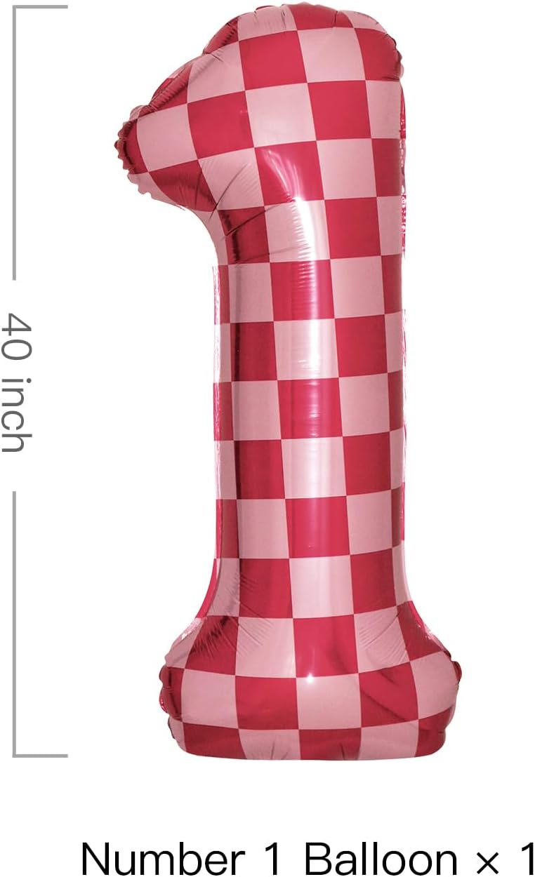 40 Inch Pink Checkered 1 Balloon Large Hot Pink Number Balloons for Girls 1st Birthday Decorations