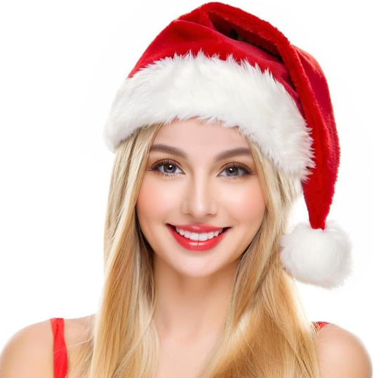 Santa Hat for Adults Christmas Hat Red Velvet Double-Layer Thickening Unisex Holiday Xmas Hats for