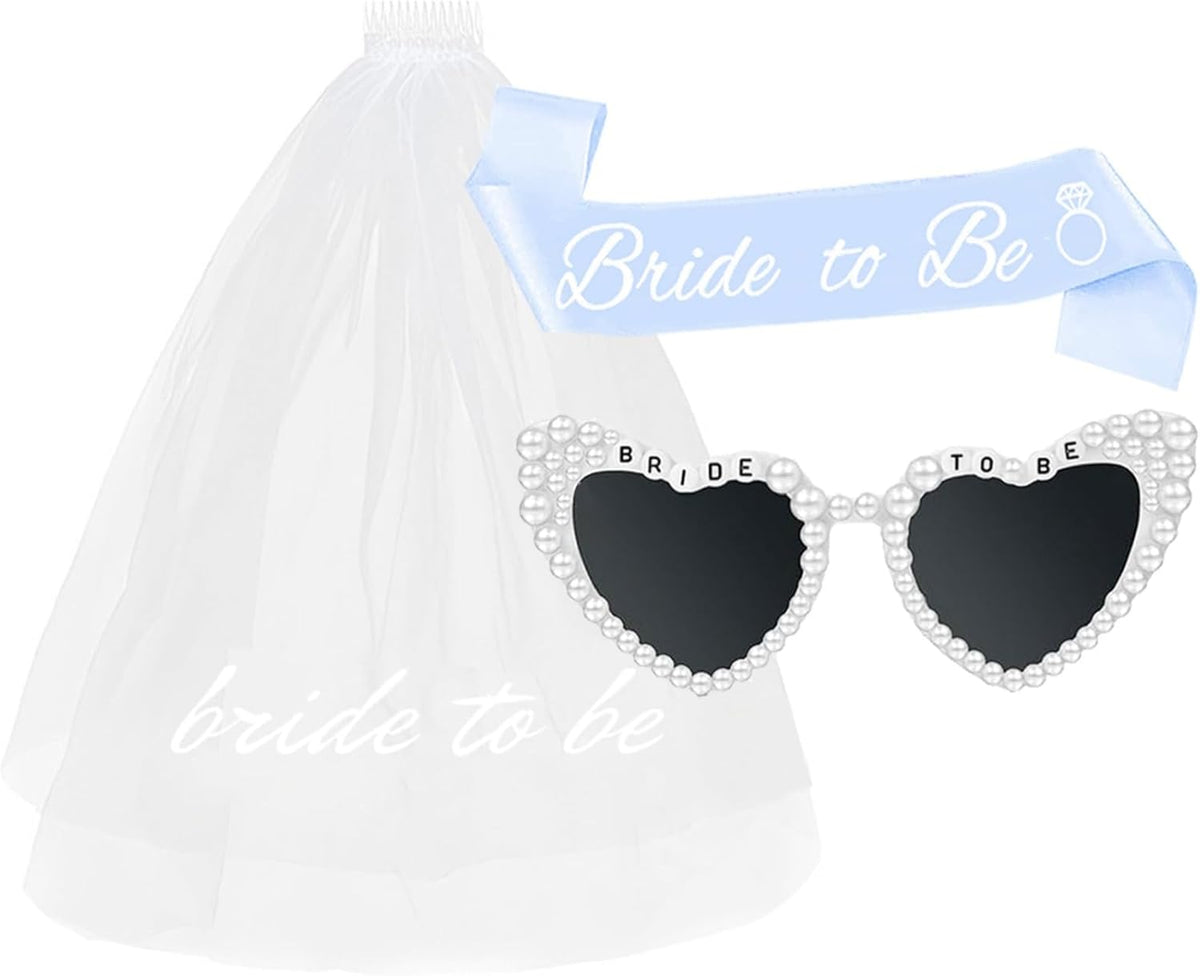 3PCS Bride To Be Veil White Print Bridal Veils Bride Sash and Pearl Sunglasses for Bachelorette