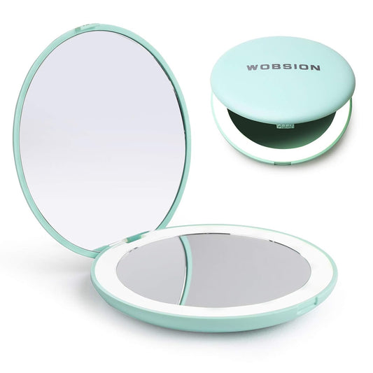 WOBSION LED Lighted Travel Makeup Mirror, 1x/10x Magnification, Compact, Portable for Handbag