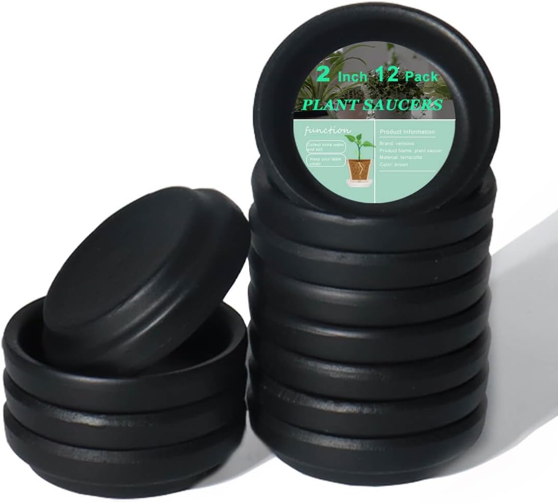 vensovo 2 Inch Black Terracotta Plant Saucer Pots Tray - 12 pcs Mini Planter Saucers for Indoor &