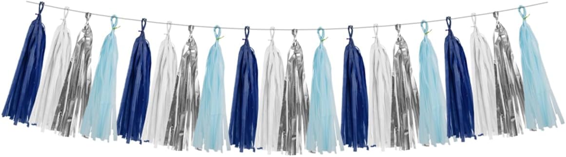 Teal Silver White Navy-Blue Party-Decorations – 15pcs Tissue Paper Tassel Garland Banner Birthday