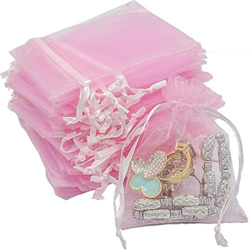 TheDisplayGuys 48-Pack 3x4 Pink Sheer Organza Gift Bags with Drawstring, Jewelry Candy Treat