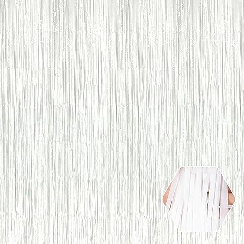 3 Pack Macaron White Foil Fringe Curtain Backdrop, 3.28Ft x 8.2Ft Metallic Tinsel Foil Fringe