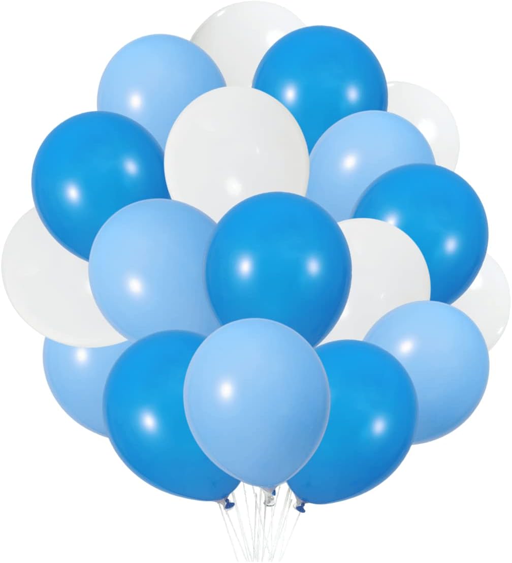 300 Pack Blue and White Balloons 100 of each of the 3 colors 12 inch White Blue Light Blue Latex