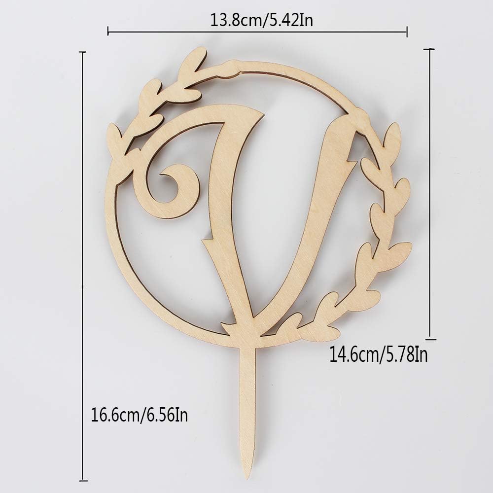 LINGTEER Personalized Inital Letter V Wooden Cake Topper Perfect for Birthday Rustic Wedding