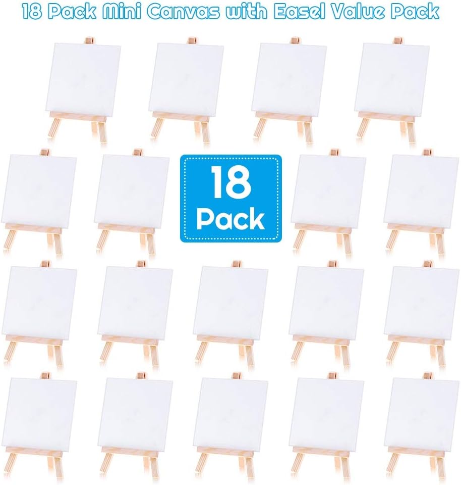 Mini Canvases 18 Pack, Cridoz Small Painting Canvas with Mini Easel 4x4 Inches Art Canvases