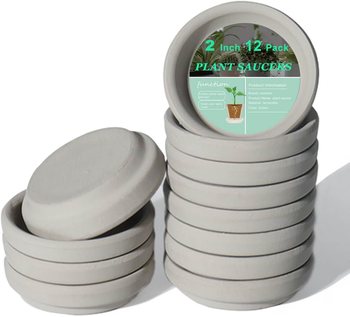 vensovo 2 Inch Grey Terracotta Plant Saucer Pots Tray - 12 pcs Mini Planter Saucers for Indoor &