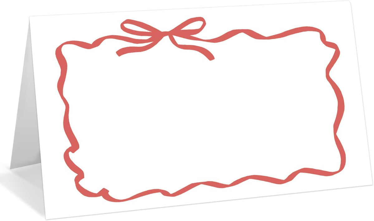 25 Pack Red Bow Wave Place Cards, Editable Name Cards for Table Setting, Tent Cards Food Label for