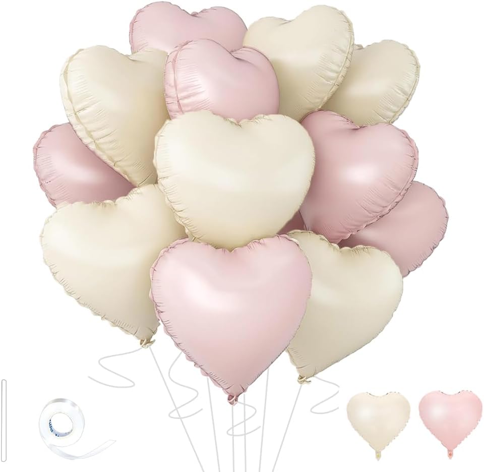 Baby Pink & Baby White Heart Balloons，18 Inch Foil Love Heart Shaped Balloons for Valentines