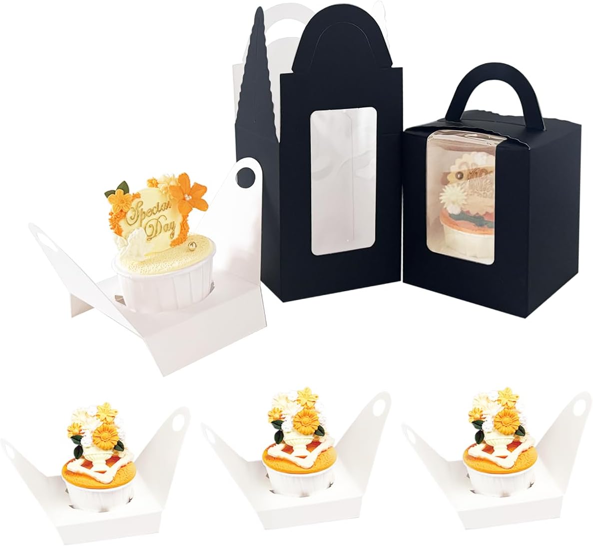Bakepacker Auto-pop up Individual Cupcake Boxes with Window 25 Count Black Single Cupcakes Box 3.6