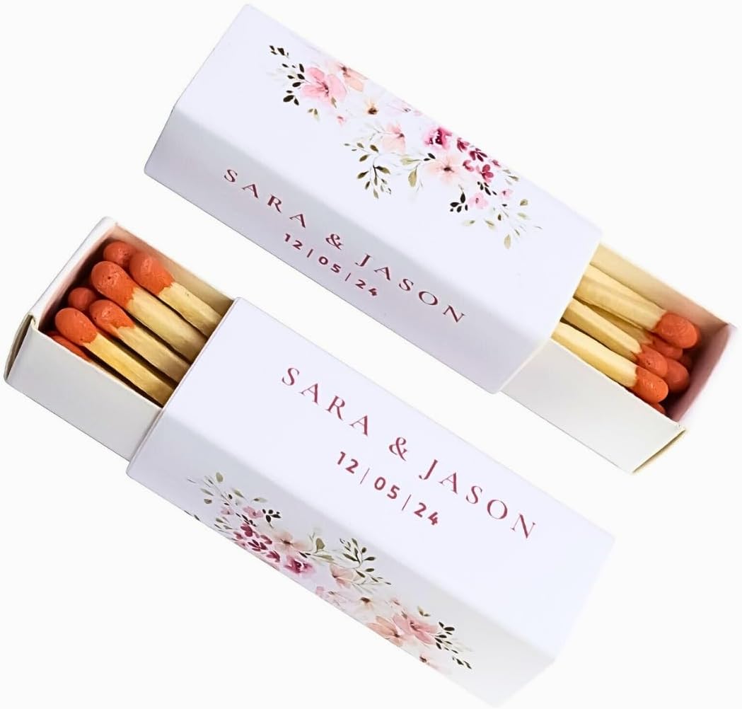 10 Boxes - Customized Matchboxes Colorful Tips (Wedding Design #5, 4" Matchboxes) (2" Matchsticks