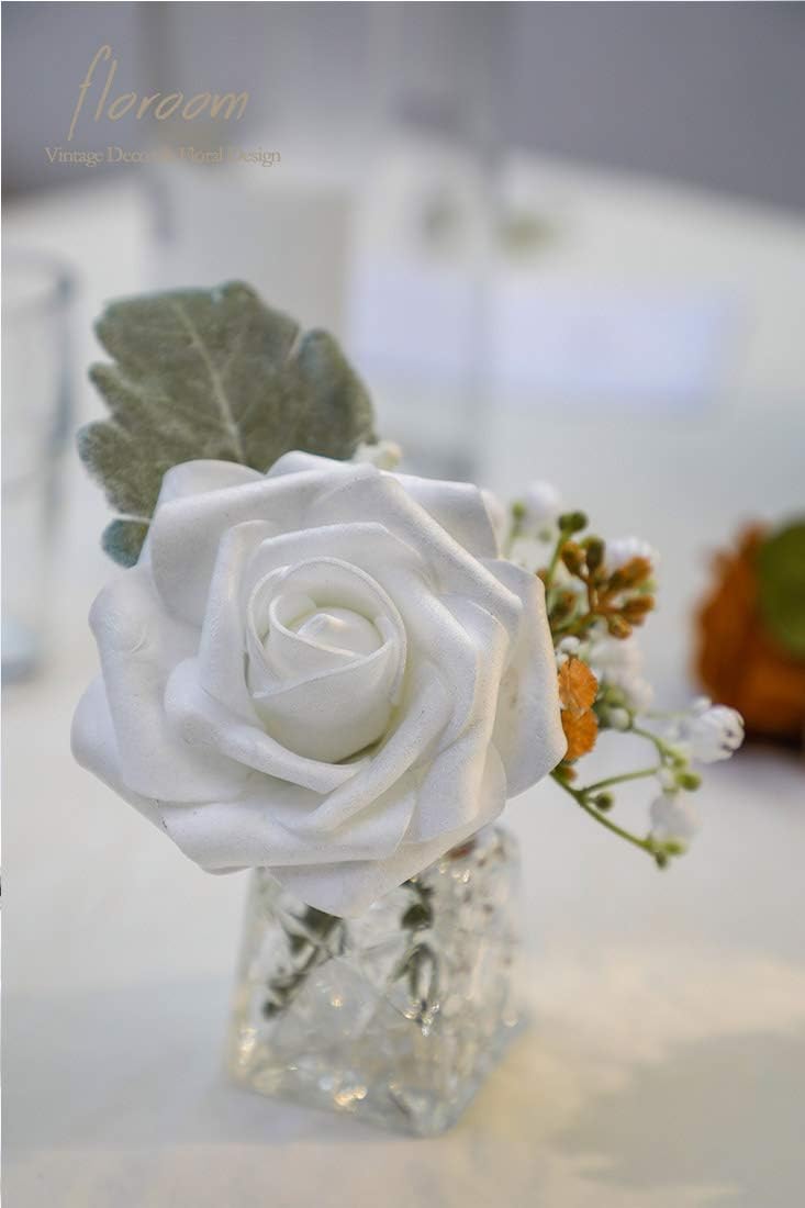 Floroom Artificial Flowers 25pcs Real Looking Shimmer Silver Grey Foam Fake Roses with Stems for