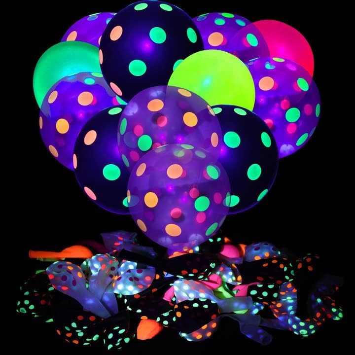 90 Pcs UV Neon Balloons,Neon Polka Dot Glow Party Balloons UV Black Light Balloons Glow in the dark