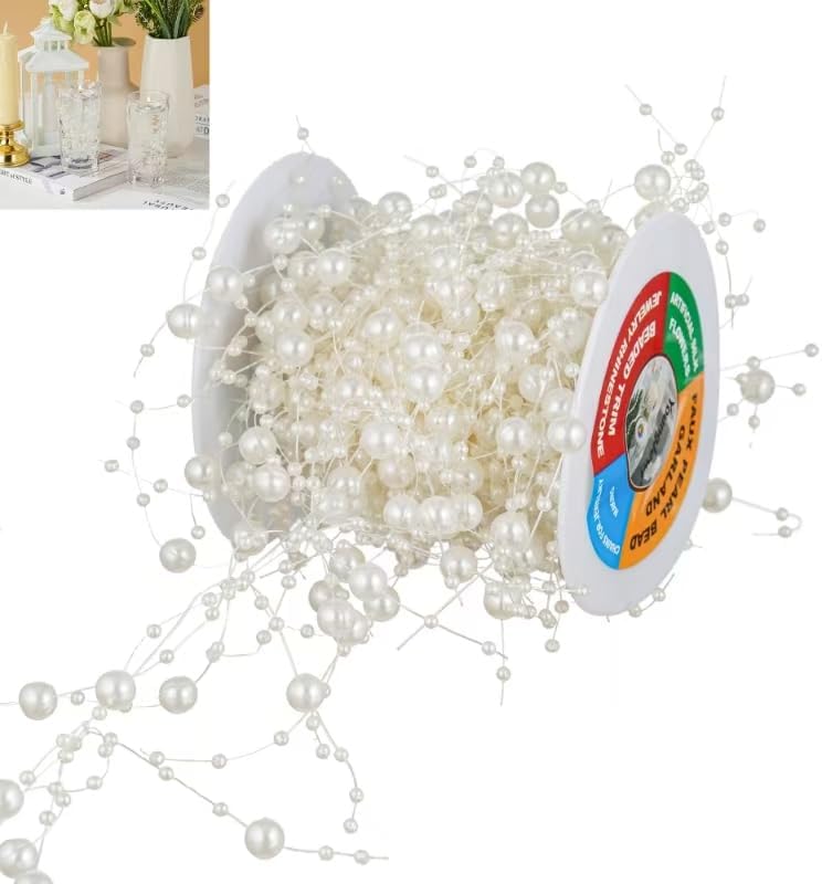 13Feet Pearl String Spool Roll for Floating Candles Faux Pearls Strands Garland for Vase Filler
