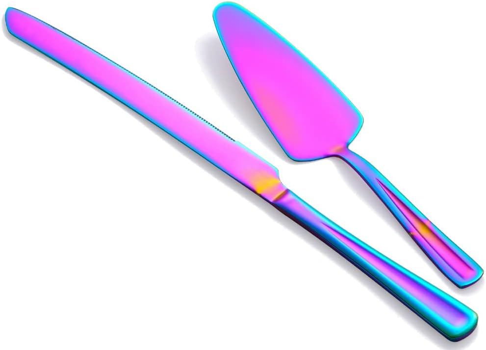 GoGeiLi Rainbow Cake Knife and Server Set, Colorful Stainless Steel Cake Cutting Set for Wedding