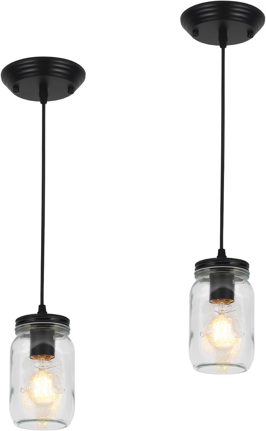 Black Pendant Lights, 2 Pack Clear Glass Pendant Lights Kitchen Island, Farmhouse Mason Jar Pendant
