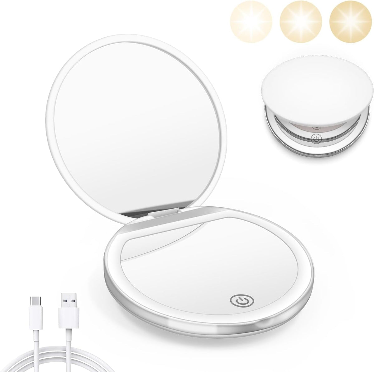Compact Mirror with Light, 1X/3X Magnification LED Pocket Mirror with USB Data Cable,Mini Mirror