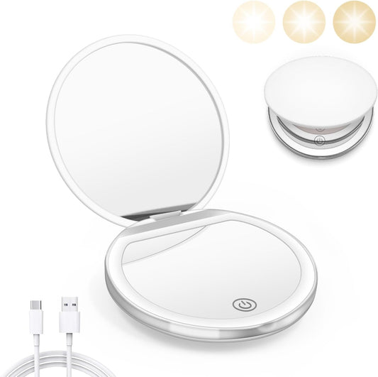 Compact Mirror with Light, 1X/3X Magnification LED Pocket Mirror with USB Data Cable,Mini Mirror